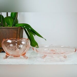 Pink Depression Vintage Glass Serve Ware, Footed Bowl and Footed Dessert Plate
